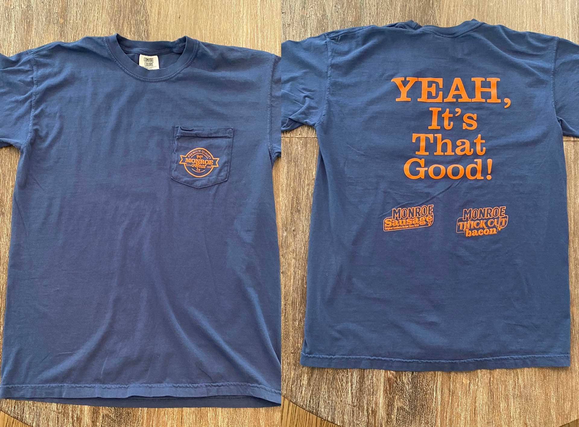 Navy and Orange Pocket T-Shirt | Monroe Sausage - Yeah, It's that Good ...